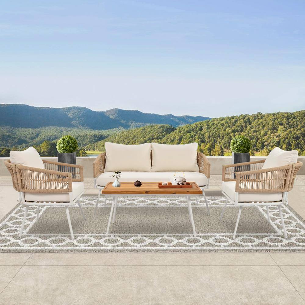Zeus & Ruta 4Piece Boho Rope Patio Conversation Set with Acacia Wood