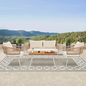 4-Piece Boho Rope Patio Conversation Set with Acacia Wood Table and Thick Cushion, Beige