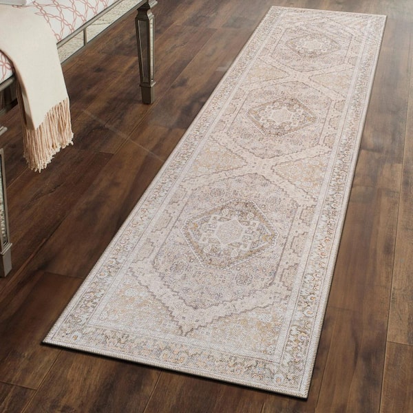 Valora Medallion Machine Washable Beige 2 ft. 6 in. x 8 ft. Runner Rug