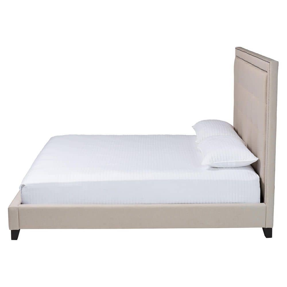Elegant King-Sized Light Beige Linen Upholstered Bed with Nailhead Trim