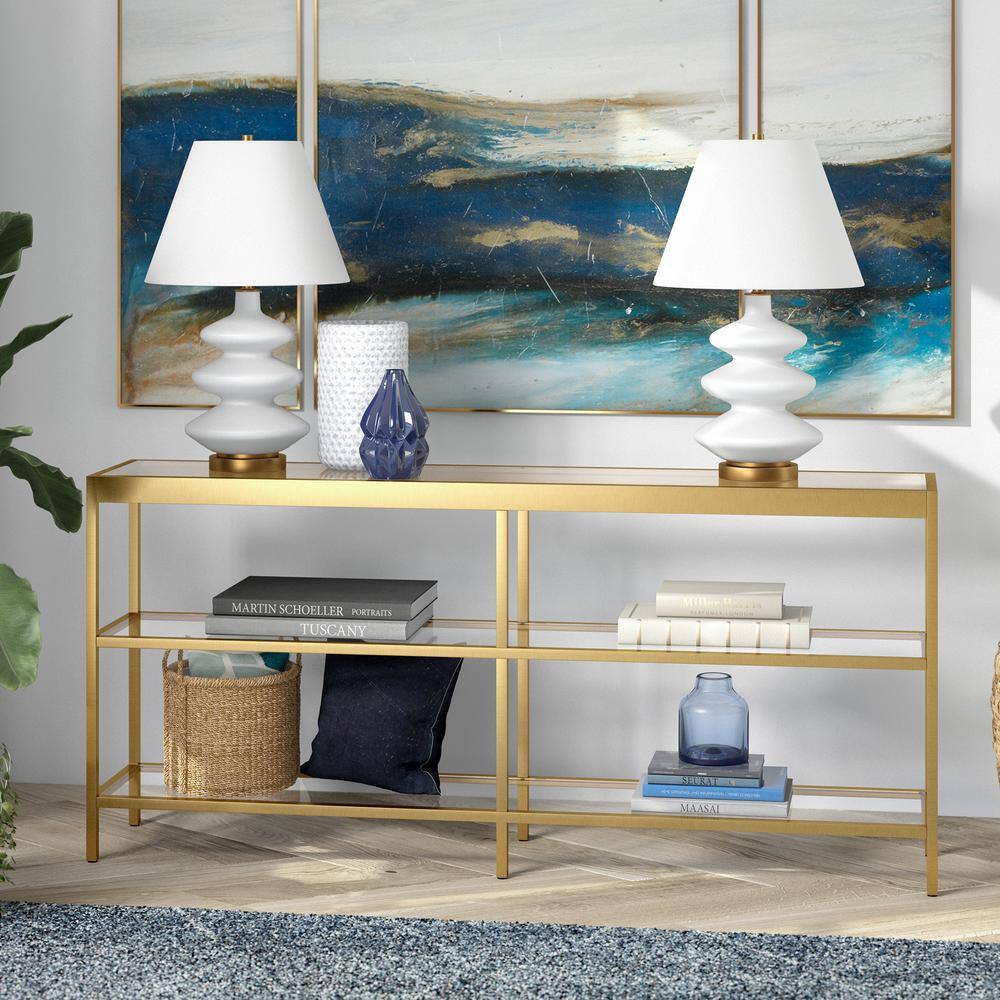 Evelyn & Zoe 64" Brass-Tempered Glass Console Table with Storage