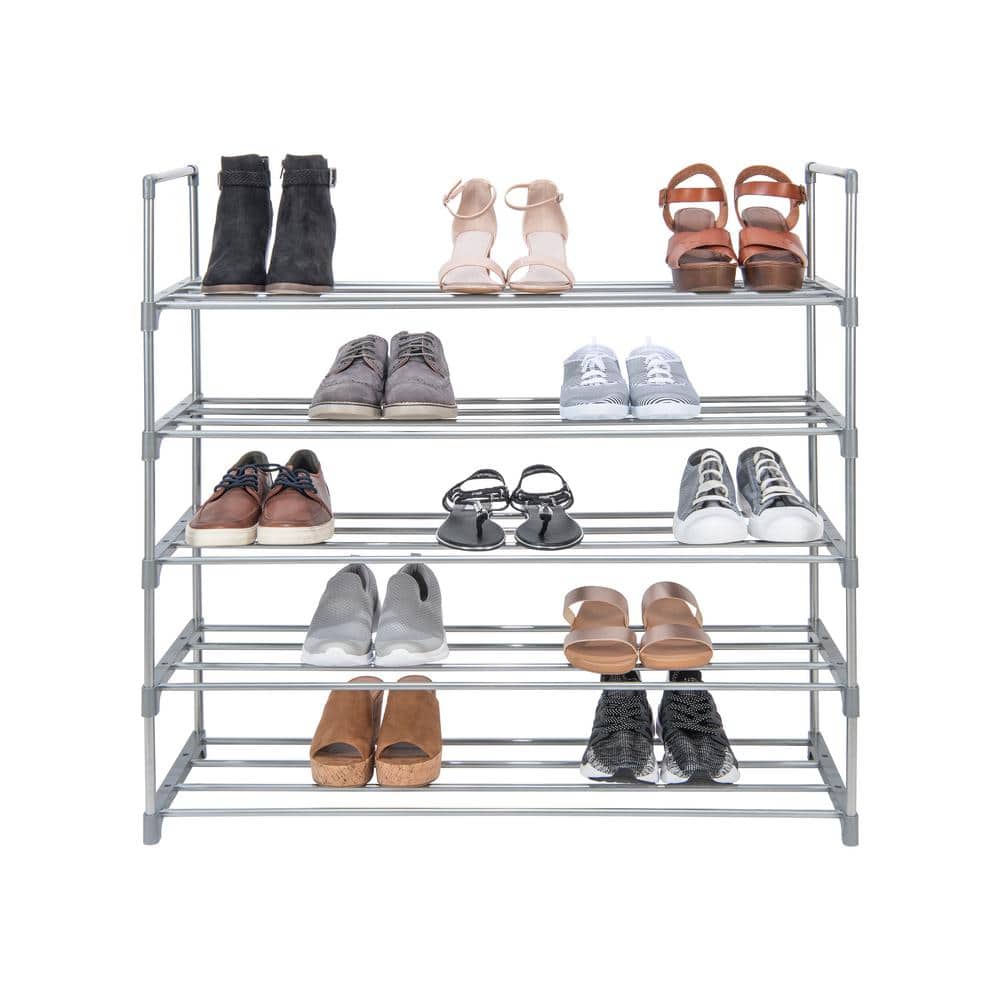 Gray 5-Tier Stackable Metal Shoe Rack for Closets