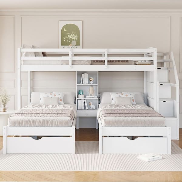 White Twin over Twin&Twin Bunk Bed with Drawers, Storage and Built-in Shelves