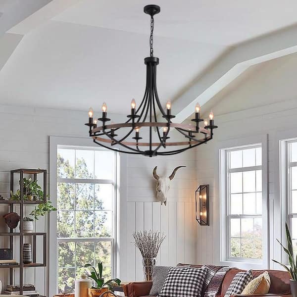 12 - Light Black Candle Style Dimmable Wagon Wheel Chandelier for Dining Room and Living Room