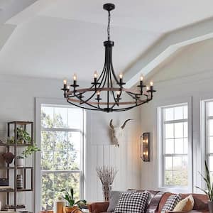 12 - Light Black Candle Style Dimmable Wagon Wheel Chandelier for Dining Room and Living Room