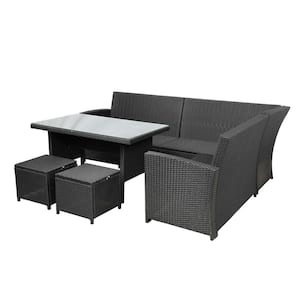 Black 6-Piece Wicker Metal Fabric Outdoor Sectional Set with Dark Gray Cushions