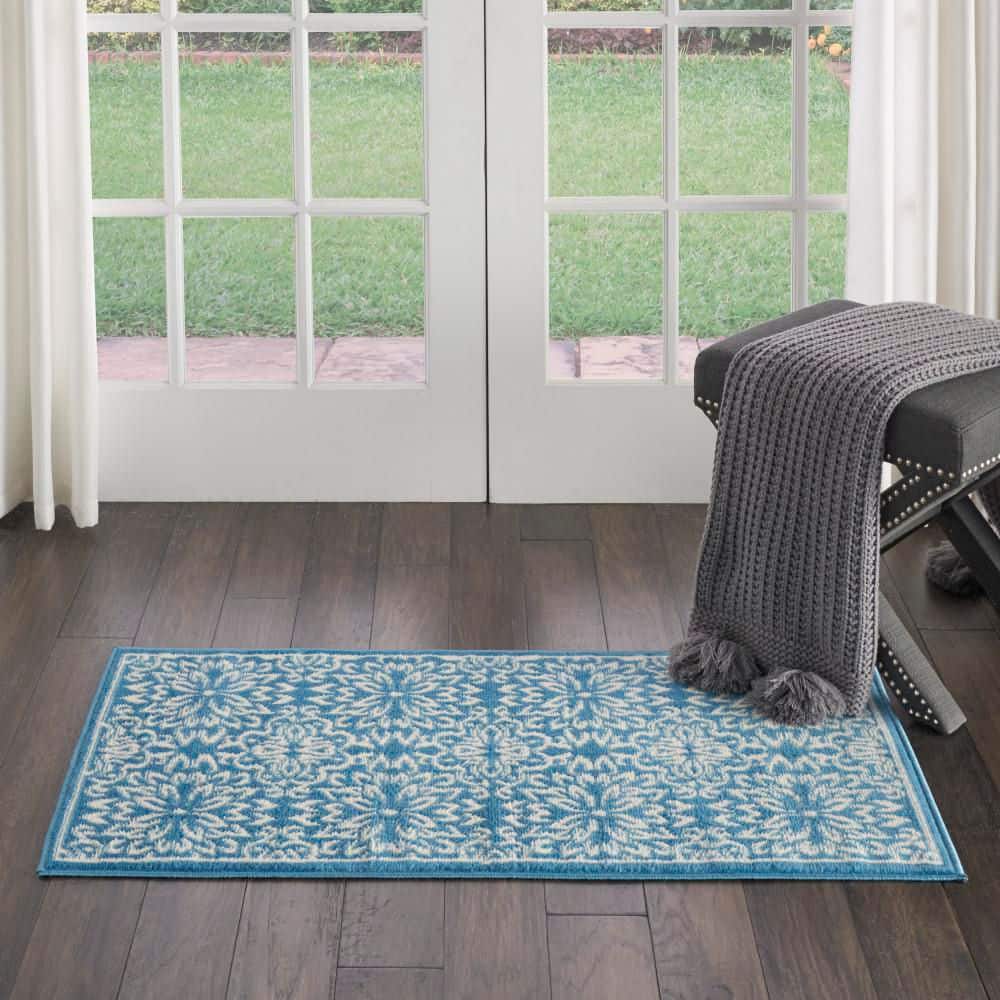 Ivory & Blue Floral Hand-Knotted Viscose Area Rug, 2' x 4'