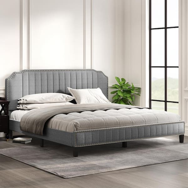 ANBAZAR 81 in. W Modern Gray King Size Linen Upholstered Platform Bed ...