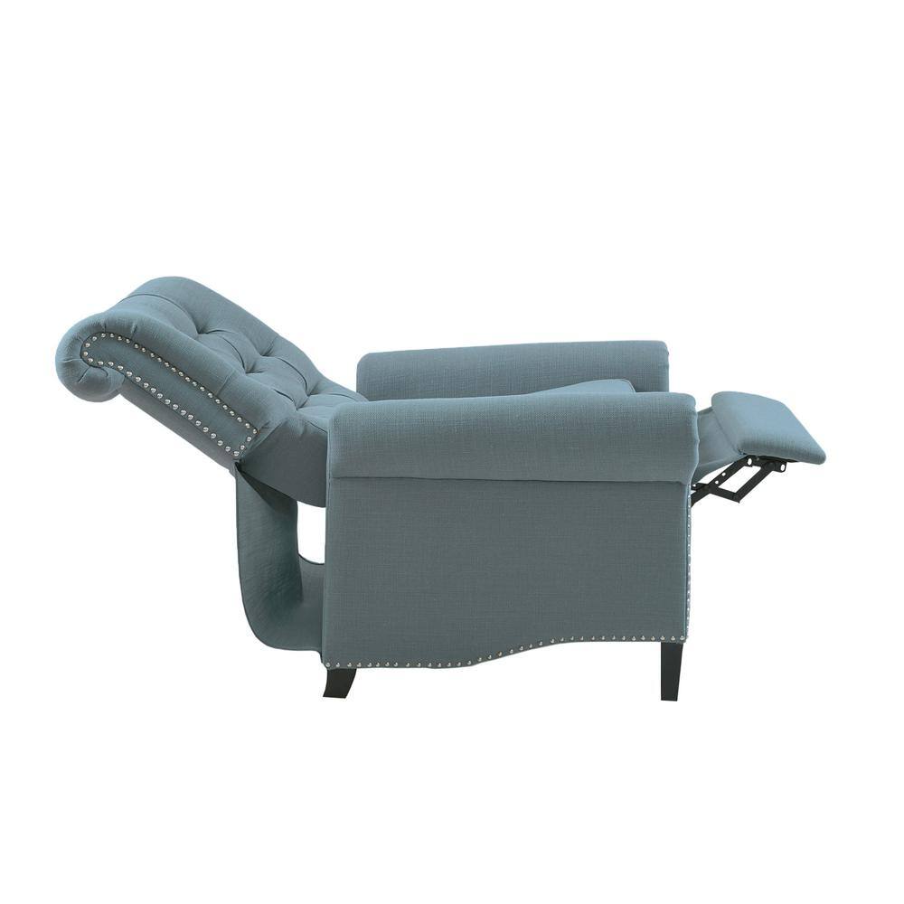 Transitional Blue Tufted Recliner with Bronze Nailhead Trim