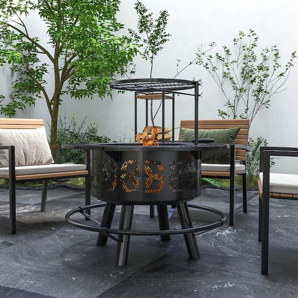 Portable Wood Burning Fire Pit with Adjustable Cooking Grate 33 in. Pan and Poker, Camping Bonfire Stove in Black