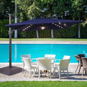 10 ft. x 10 ft. Aluminum Cantilever Offset Patio Umbrella Solar LED with a Base in Navy Blue