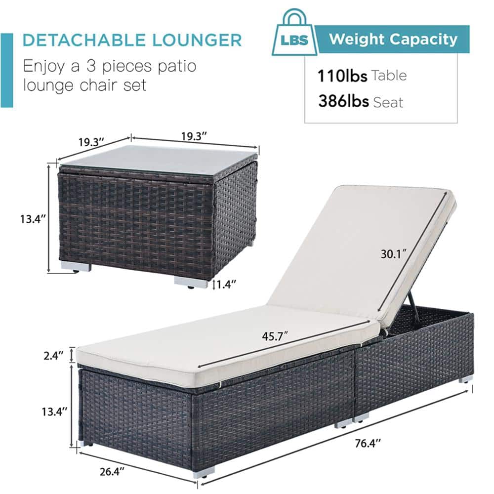 2-Piece Wicker Outdoor Chaise Lounge with Beige Cushions
