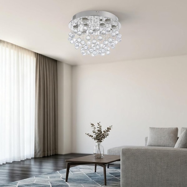 OUKANING 19.7 in. 9-Light Silver Modern Crystal Semi-Flush Mount
