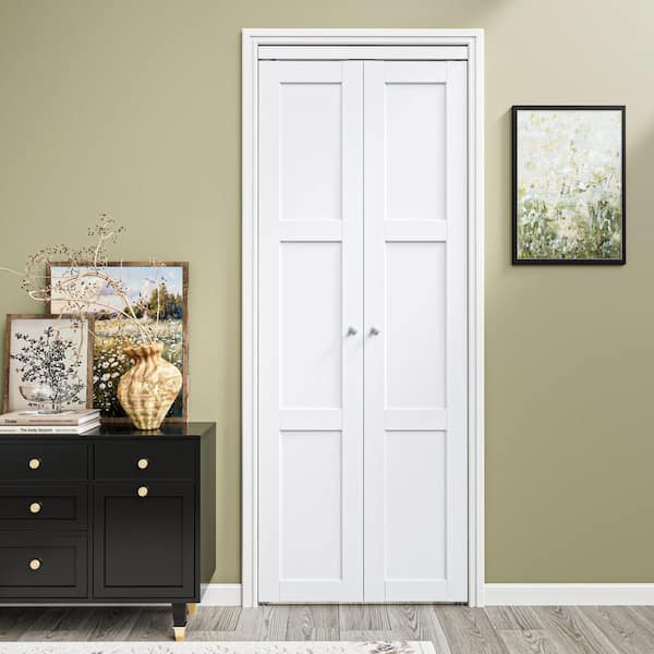 30 in. x 80 in. Solid Core Composite MDF Bi-fold Door + French Style Pivot Hardware (3-Lite White Finish)