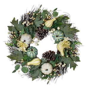 22 in. Green and White Unlit Pumpkins and Berries Fall Harvest Artificial Wreath