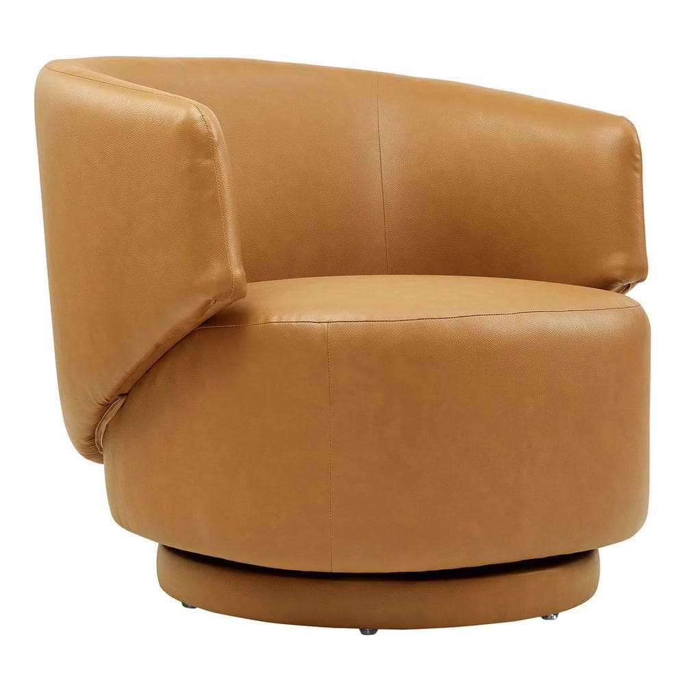 Tan Faux Leather Barrel Swivel Accent Chair with Wood Base