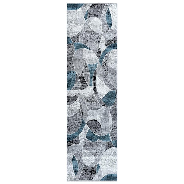 World Rug Gallery Contemporary Blue 2 ft. x 7 ft. Distressed Circle Runner Rug