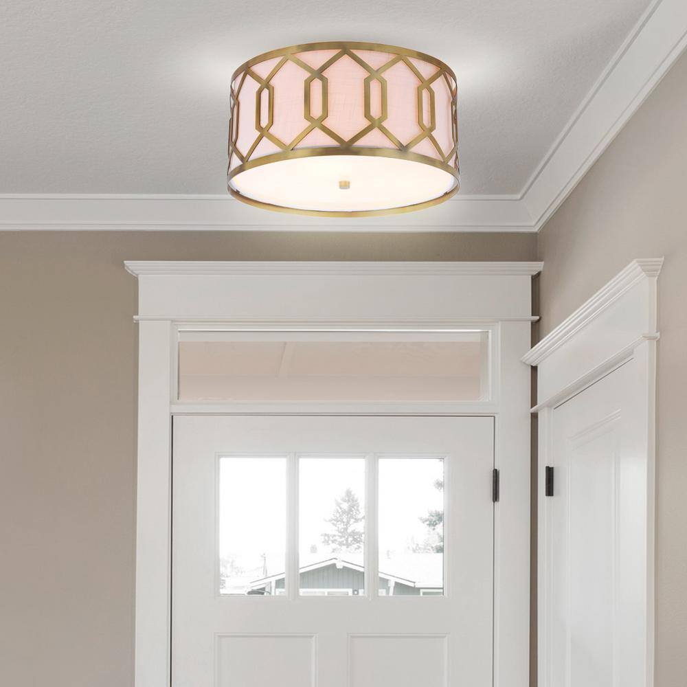 Satin Brass Hex 3-Light 16.25" Metal LED Flush Mount with Linen Shade