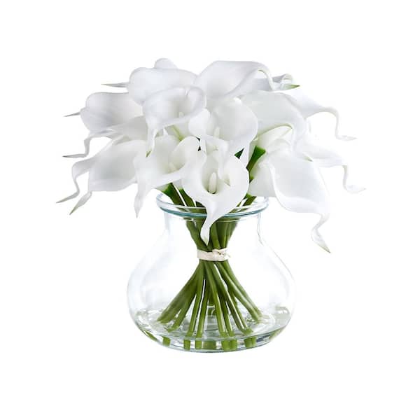 Faux Series 10 in. White Indoor Artificial Silk Calla Lily Bouquets with Stems for Home Table Decor in Glass Vase