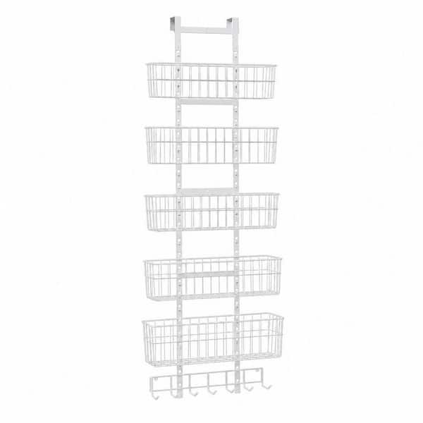 Adjustable White Metal Hanging Door Organizer with 5 Wire Basket 7 Hooks, Wall Mounted Shelf for Pantry Organization