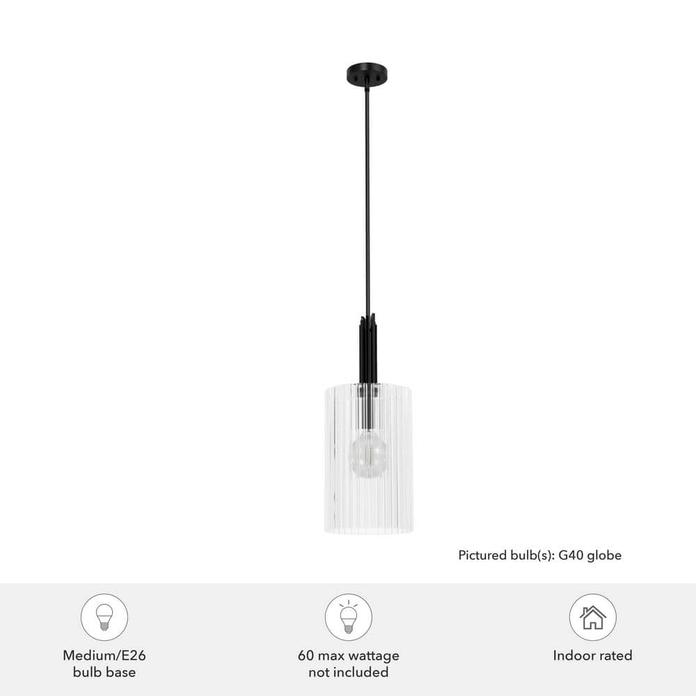 Matte Black Cylinder Pendant Light with Clear Fluted Glass Shade