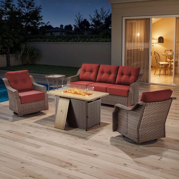 Artisan Brown 5-Piece Wicker Outdoor Patio Fire Pit Conversation Set with Red Cushions and Swivel Gliders