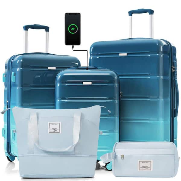 5-Piece Green Blue Gray ABS Durable Luggage Set with 2 Travel Bags and USB Port