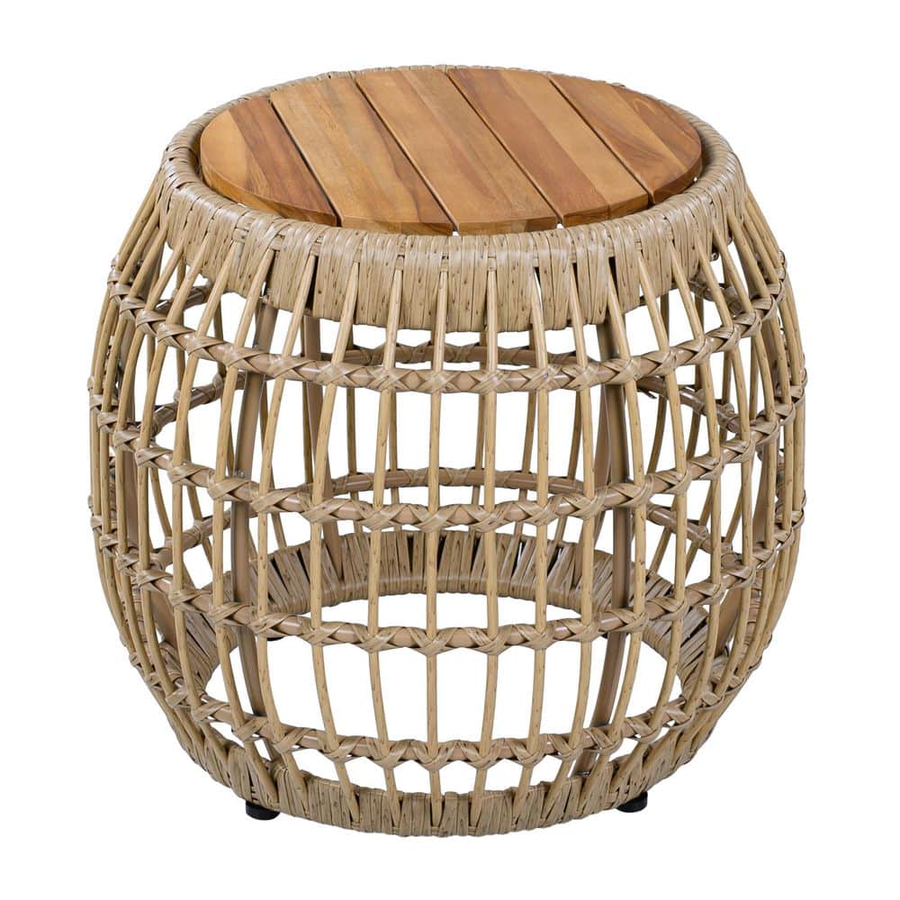 Lorien Modern Light Brown Acacia Wood Indoor & Outdoor Side Table with Wicker Base