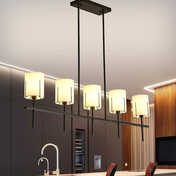 Modern 5-Light Black Linear Island Chandelier with white Fabric Shades for Kitchen Island