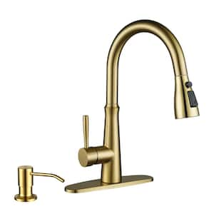 3 Functions Single Handle Pull Down Sprayer Kitchen Faucet with Soap Dispenser in Stainless Steel Brushed Gold