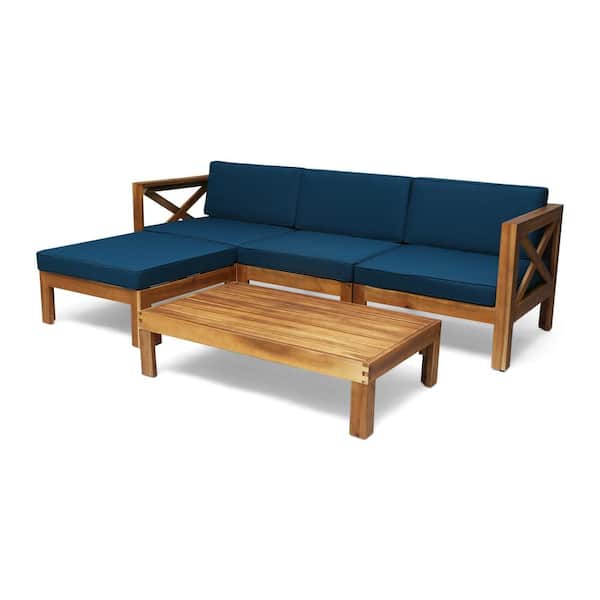 Alcove Teak Brown 5-Piece Wood Outdoor Patio Conversation Set with Dark Teal Cushions