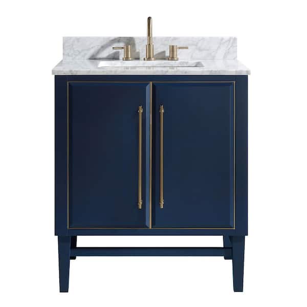 Avanity Mason 31 in. Single Sink Navy Blue with Gold Trim Bath Vanity with Carrara White Marble Top