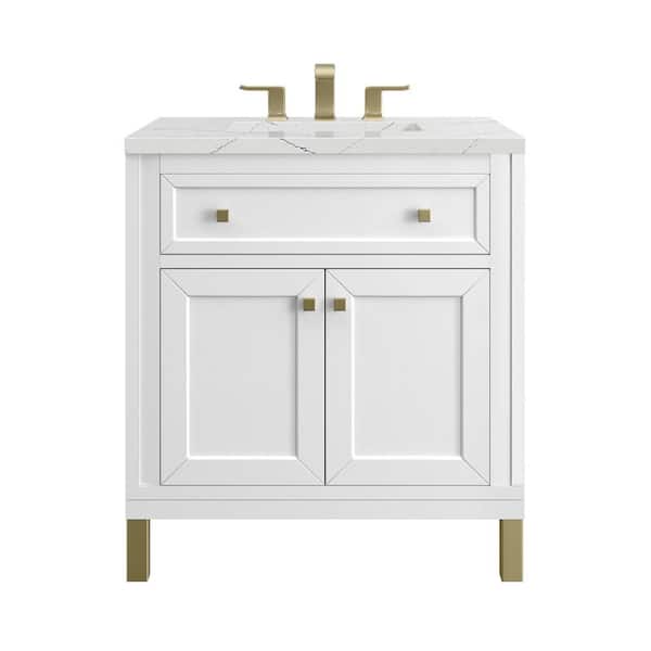 James Martin Vanities Chicago 30.0 in. W x 23.5 in. D x 34 in. H Bathroom Vanity in Glossy White with Ethereal Noctis Quartz Top