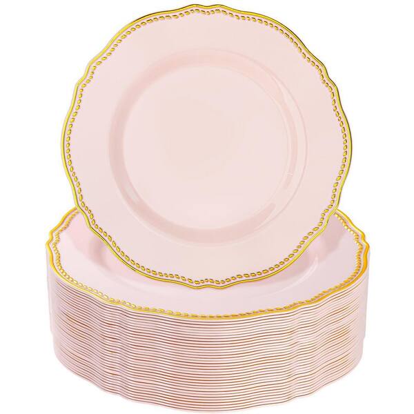 Pink Plastic Dessert Plates with Gold Rim, 60-Pack, 7.5 in Heavy-Duty Disposable Dinnerware for Parties