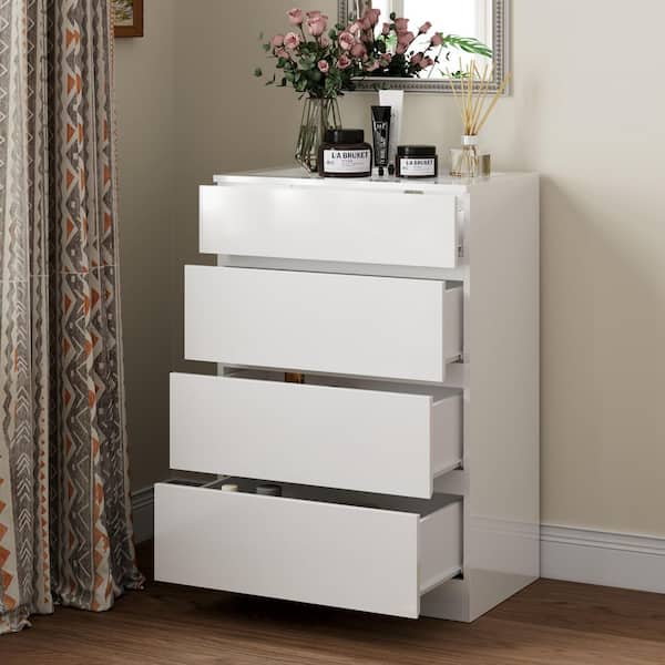 FUFU&GAGA White 4 Drawer 23.6 in. Wide Chest of Drawers with Glass Top, 3-Color LED Lighting, Handless Drawers for Bedroom Use Z-KF520139-01 FUFU&GAGA White 4 Drawer 23.6 in. Wide Chest of Drawers with Glass Top, 3-Color LED Lighting, Handless Drawers for Bedroom Use Z-KF520139-01
