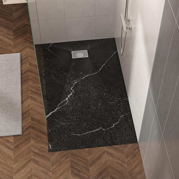 60 in. L x 36 in. W Alcove Shower Pan Base with Reversible Drain Placement Wheel Chair Access Low Profile, Carrara Black