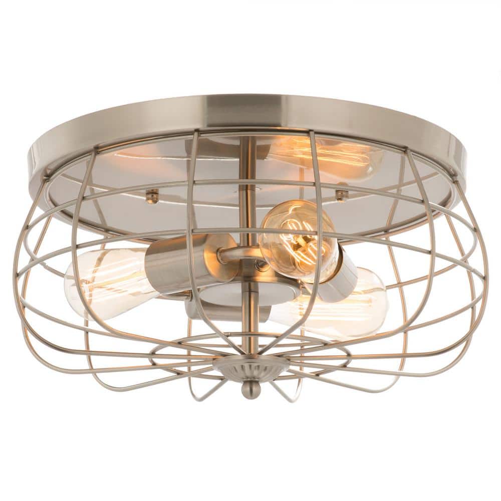 Merra 15 In Industrial 3 Light Brushed Nickel Metal Cage Flush Mount Hcf 1715 Bn Bnhd 1 The Home Depot