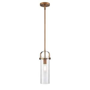Pilaster II Cylinder 100-Watt 1 Light Brushed Brass Shaded Pendant Light with Seeded glass Seeded Glass Shade