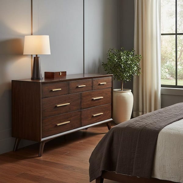 Brown 7-drawer 60 in. Dresser with Mirror