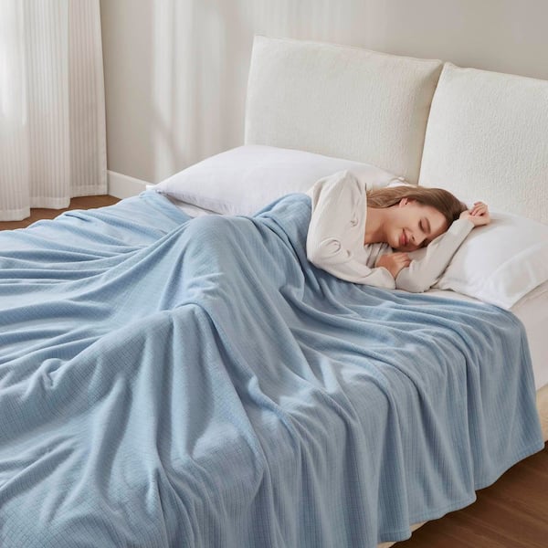 90 in. x 90 in. Blue Polyester Full/Queen Anti-Pilling Blanket, Microfleece Ultra-Soft Throw for All Seasons, AC Rooms