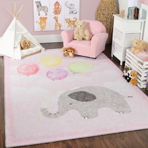 Nursery Soft Pink 5 ft. x 7 ft. 6 in. Elephant Bright Non-Slip Area Rug