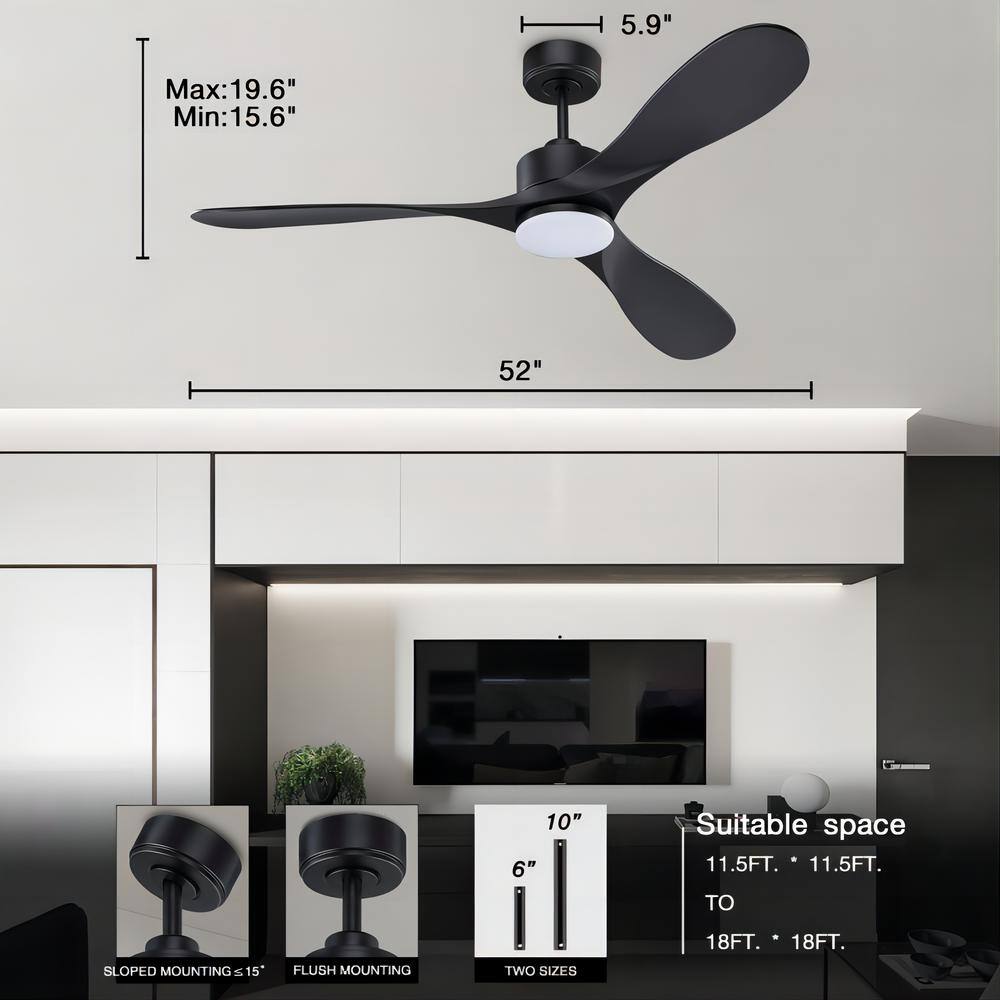 52" Black Modern Ceiling Fan with LED Light and Remote Control