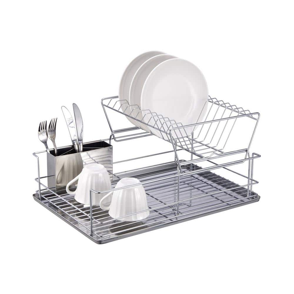 18.5 Inch Chrome Metal Dish Drying Rack with Utensil Cup