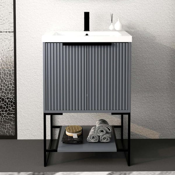 FUNKOL 23.60 in. Wx 18.10 in D. x 35 in. H Bath Vanity in Grey With White Resin Basin