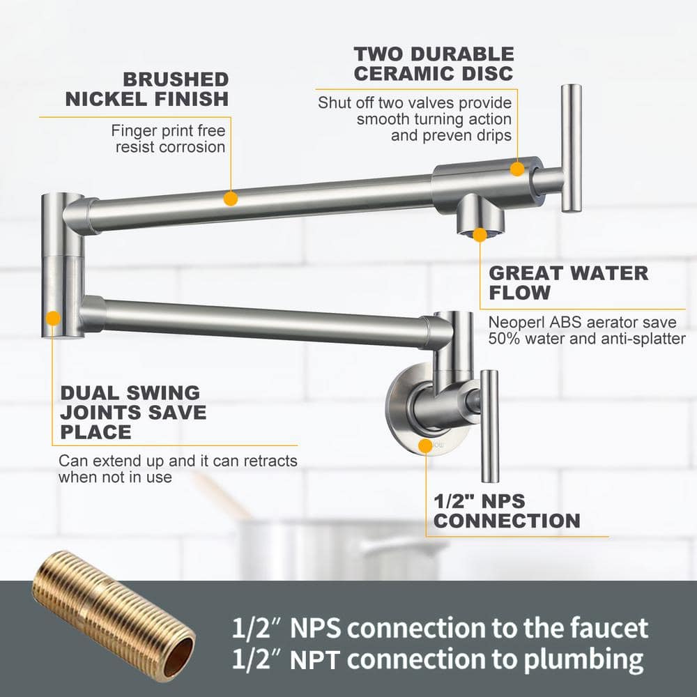 Brushed Nickel Wall Mount Double Handle Pot Filler Faucet