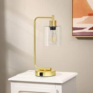 16.3 in. Gold Metal Touch Control Table Lamp with Glass Shade and USB Ports