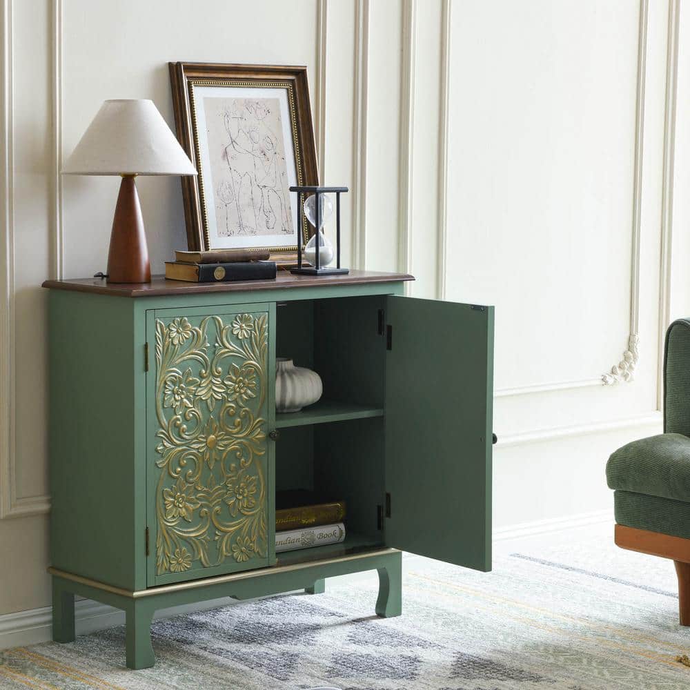 Vintage Green 33 in. H Accent Cabinet, Handcrafted 2-Door Storage Cabinet with Resin Gold Floral Accents for Living Room