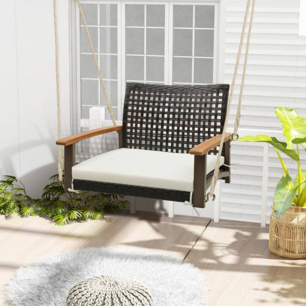Single Off-White Rattan Porch Swing with Acacia Wood Armrests