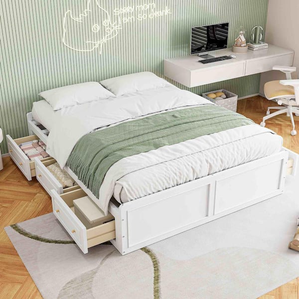 White Wood Frame Queen Size Platform Bed with 6-Drawers