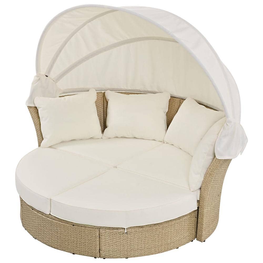 Wicker Outdoor Patio Day Bed with Beige Cushions, Rattan Double Daybed Roun